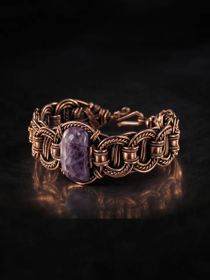 Copper wire wrapped bracelet with amethyst for lady Antique style WireWrapArt
