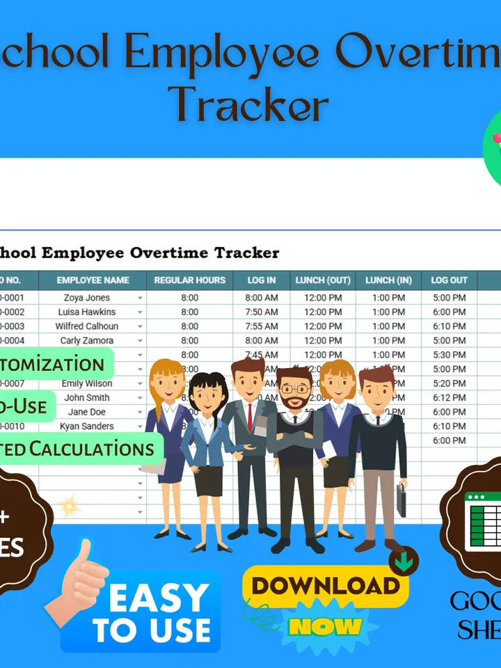 School Employee Overtime Tracker Template, Teacher Timesheet, HR Payroll Management Tool for Schools