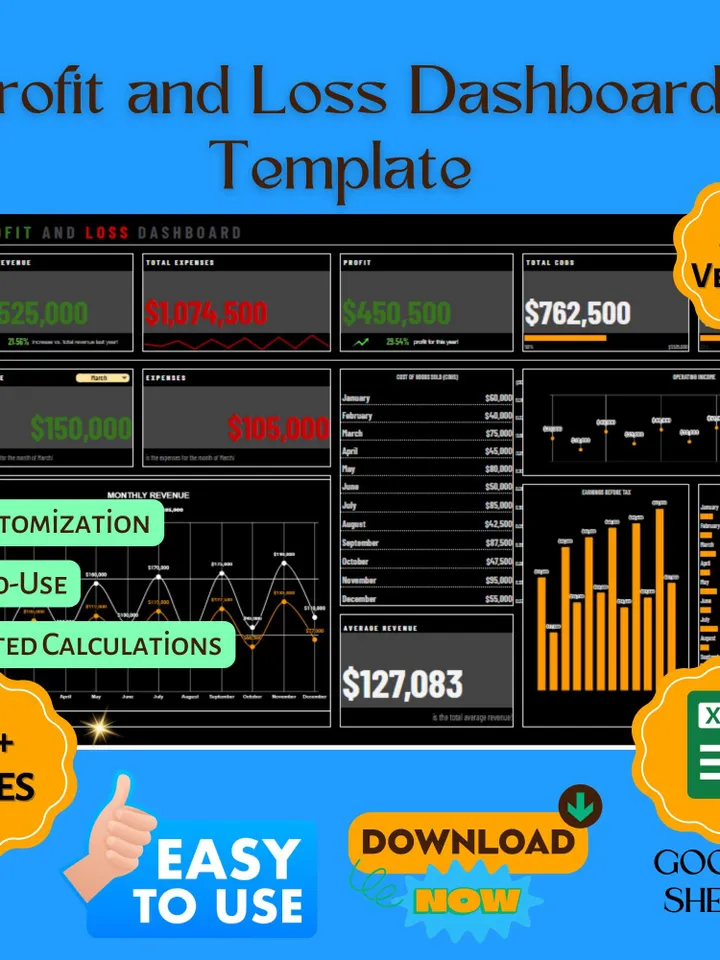Profit and Loss Dashboard Template, Google Sheets Financial Tracker, Digital Download, Easy-to-Use Business Income & Expense Report