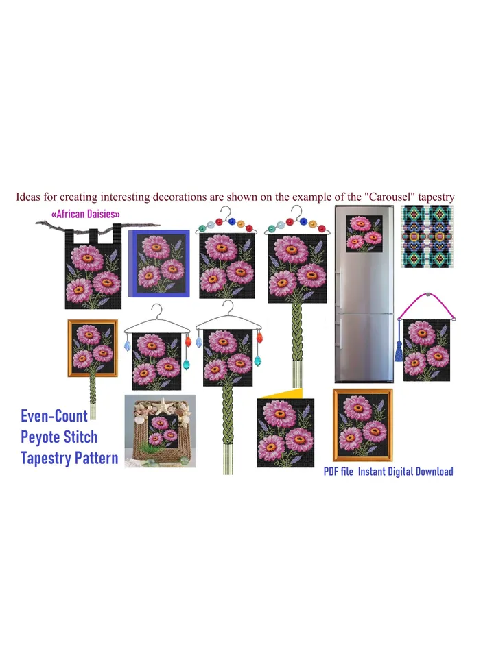 Even-Count Peyote Stitch Beaded Tapestry, Banner, Postcard, «African Daisies» Pattern, PDF instant download