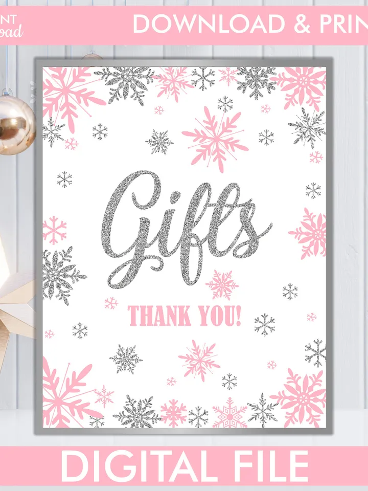 Winter Onederland Signs, Winter Onederland Birthday Girl Decorations, Pink Silver Snowflakes First Birthday Decorations Instant Download