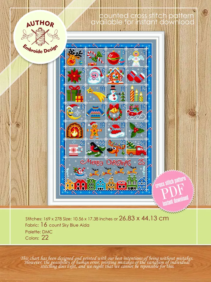 Christmas advent calendar cross stitch pattern PDF download Merry Christmas cross stitch chart, Christmas pattern digital PDF #N46