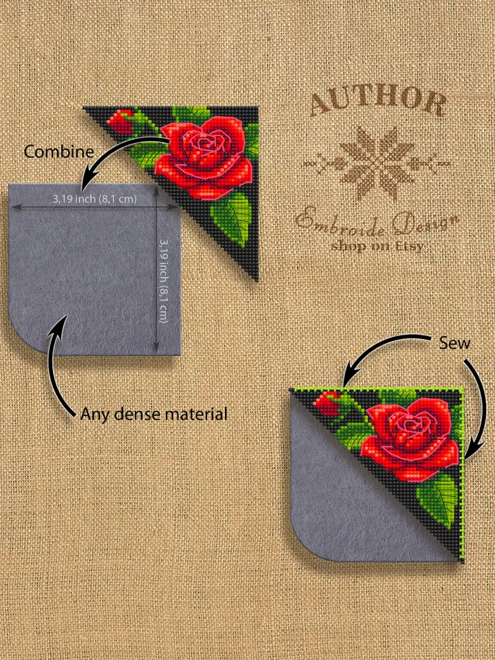 Corner bookmark red rose cross stitch pattern PDF download Red flowers cross stitch chart, Floral bookmark corner digital PDF #B216