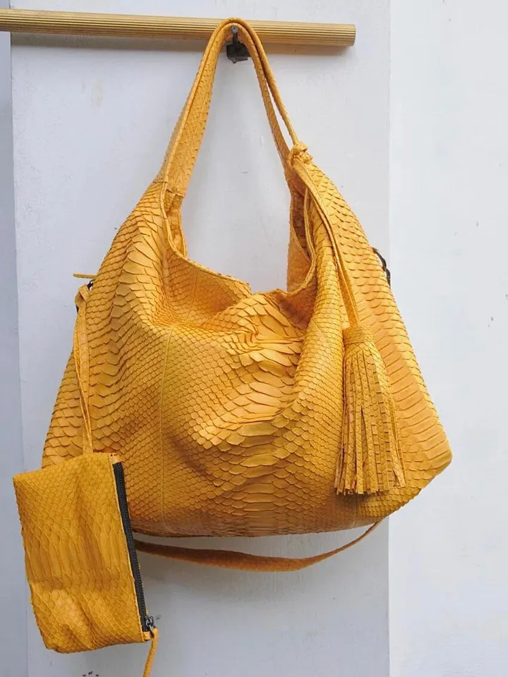 Big Soft Hobo Classy Sport Woman Bag | Purse Genuine Python Skin | Python Skin Products | Yellow Big Elegant Leather Designer Soft Bag Snake