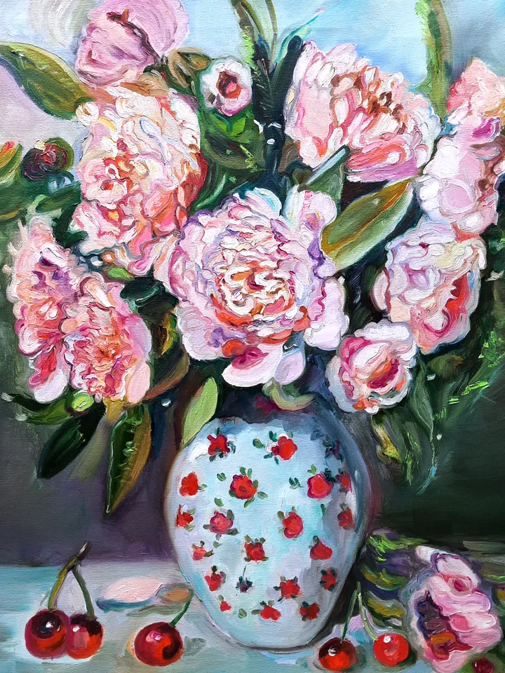 Peonies Art Original Oil Painting 19 by 16 inc.