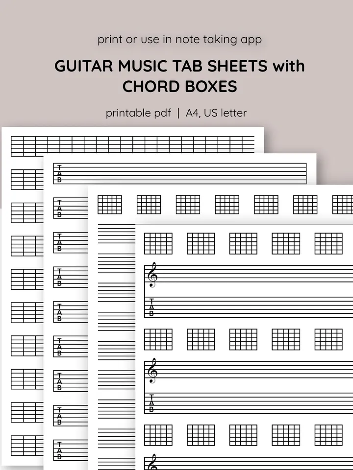 Set of guitar music sheet. Printable guitar tab paper. Blank guitar tab printable. Guitar tablature paper.