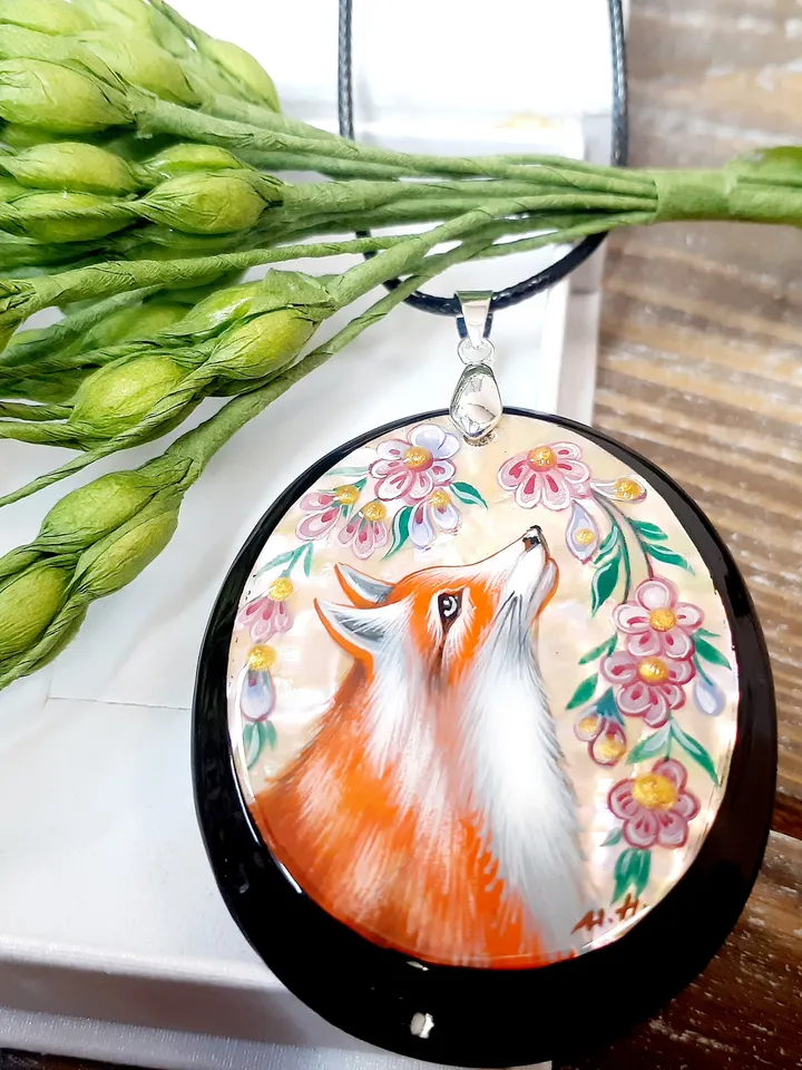 Russian jewelry: Wild red Fox painted in Fedoskino style pendant. Cute wild nature painted on necklace. Collectible gift for grand mother