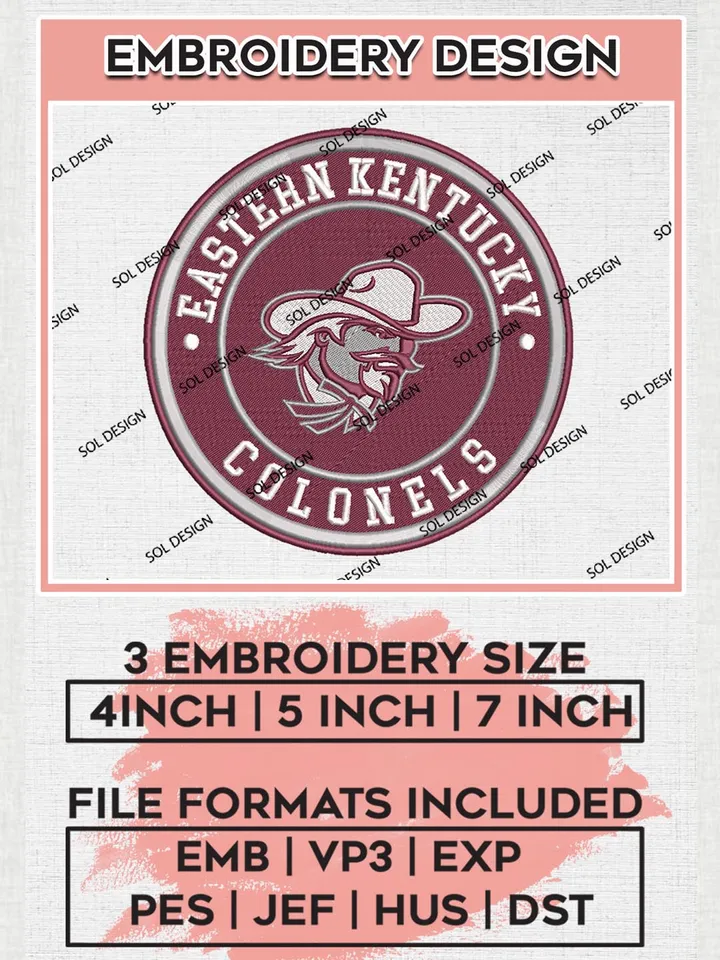 NCAA Eastern Kentucky Colonels Round Logo Embroidery, NCAA Eastern Kentucky Colonels Logo Embroidery files, NCAA embroidery designs, Machine embroidery designs, Digital Download