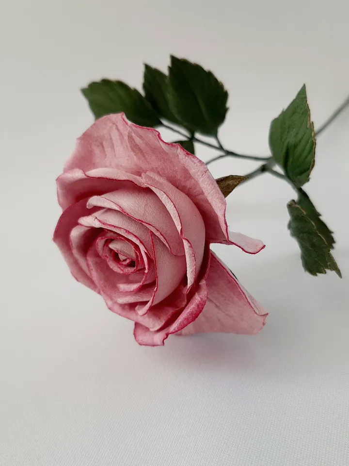 Pink leather rose long stem 3th anniversary gift for her, Leather flower living room decor