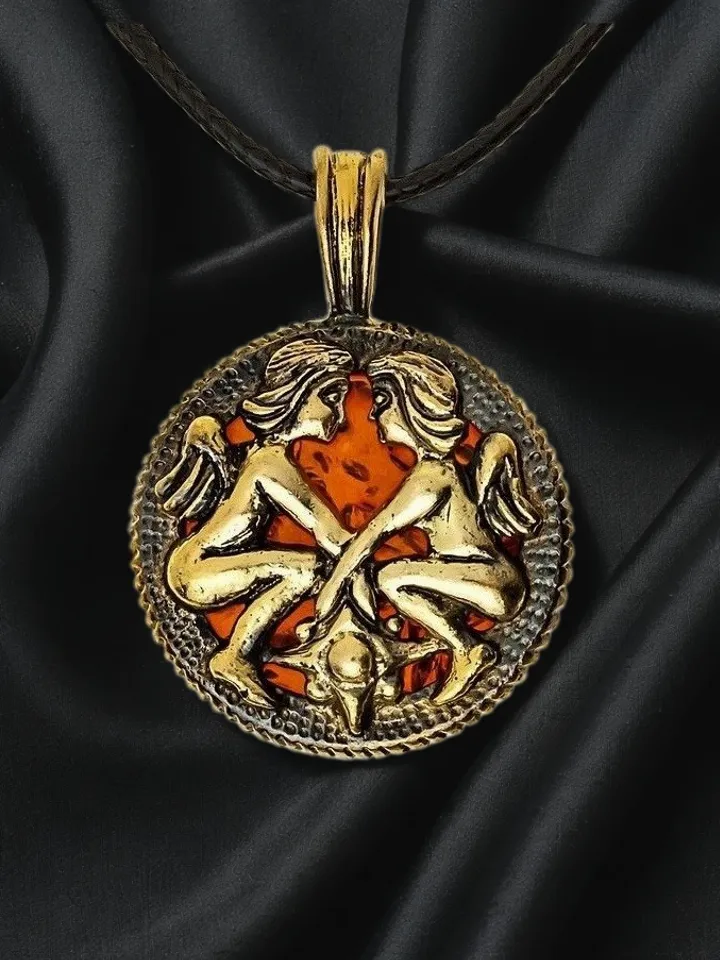 Twins Necklace Men and Women Zodiac Sign Amulet Pendant Round Locket Necklace Gold Black Brass Twins Amber jewelry Gemini gift for holiday birthday christmas jewelry