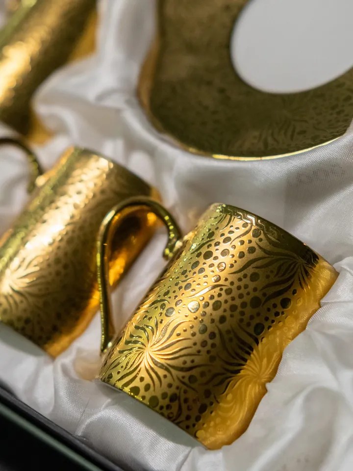 Gold Colour Porcelain Tea Cups and Saucers | Tea Cups Saucers Set | Porcelain Set | Elegant Teaware | Gift For Tea Lovers, Gift For Her