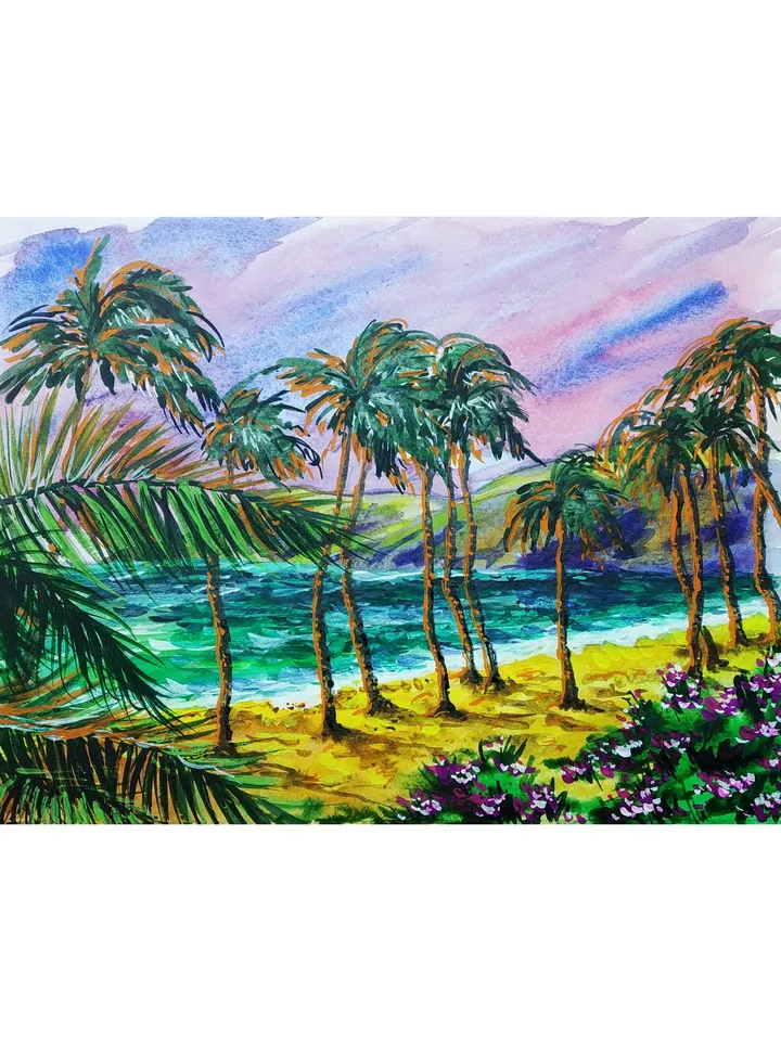 Hawaii Painting Landscape Original Art Palm Tree Wall Art Beach Painting Watercolor Art 7.5 by 9.5 Above Sofa Art by TatianaArtShop