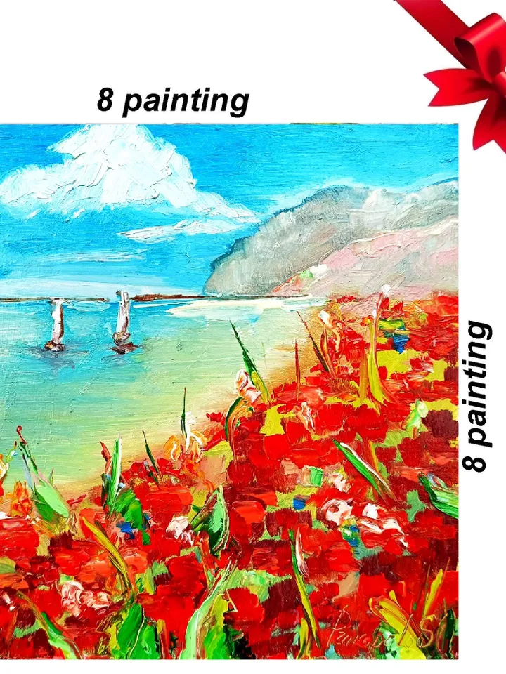 Point Reyes Painting Red Poppies Fields Impasto Art California Seascape Original Artwork Travel Gift Gifts  8 x 8 by ArtProkopaloSv