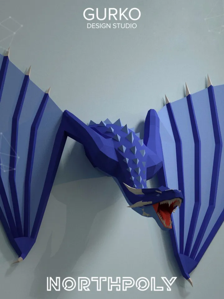 Papercraft Dragon Crawling Out Of The Wall, Digital Template, PDF Download, Gurko, 3D Low Poly, Pepakura, DIY Origami Sculpture, Paper Decor