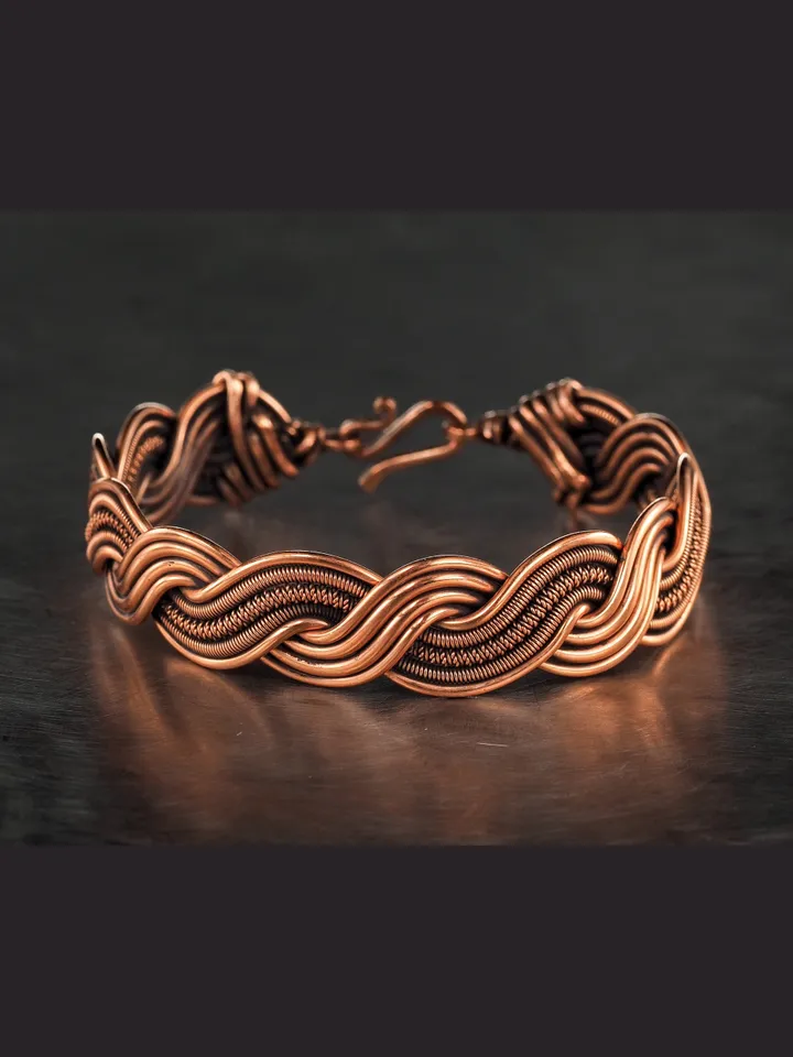 Wire wrapped bracelet, Unique 7th 22nd Anniversary gift idea, Art Nouveau antique style, One of kind braided statement bangle, Handmade oxidized pure copper jewelry, Pain relief, EMF protection