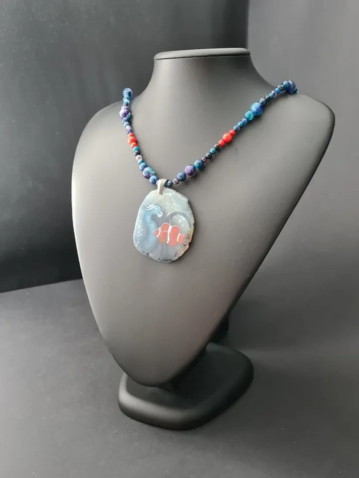 Dragon necklace Blue Dragon on Agate Stone charm Christmas Gift Wrapping