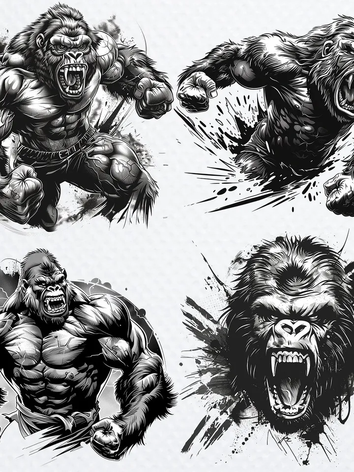 16 Angry Gorilla PNG Clipart, black and white Gorillas sublimation, Printable Watercolor Gorilla, Paper craft, junk journals