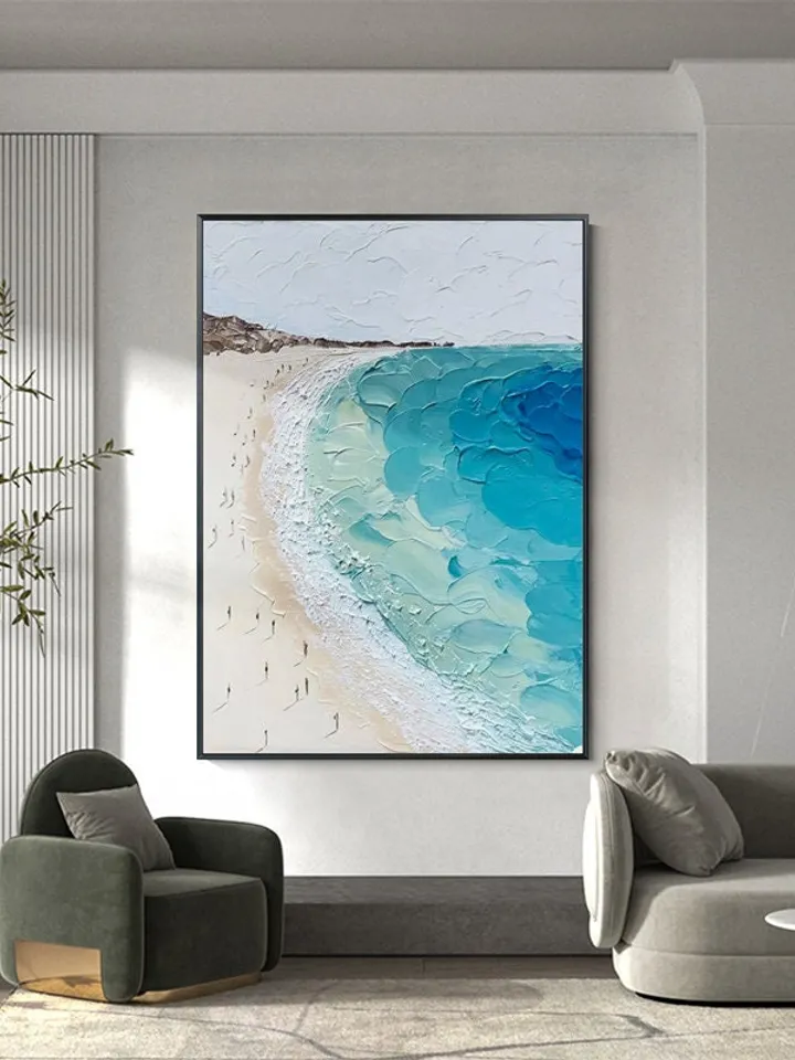 Abstract Beach Canvas Painting,Large Original Sunshine Ocean Coast Seascape Oil Painting Wall Art, Modern Blue Beige Living Room Wall Decor