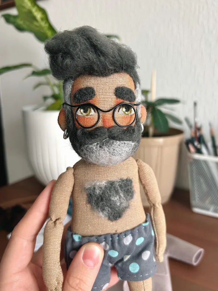 Textile art doll bearded man with grey hair