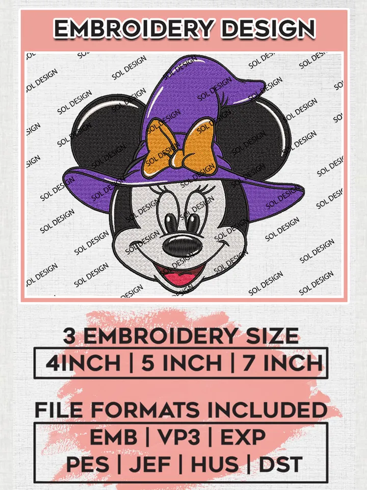 Cute Witch Minnie Mouse Head Embroidery designs, Disney Character Machine embroidery designs, Happy Halloween embroidery files, Trick Or Treat Machine Embroidery Digitized Pes Files, Digital Download
