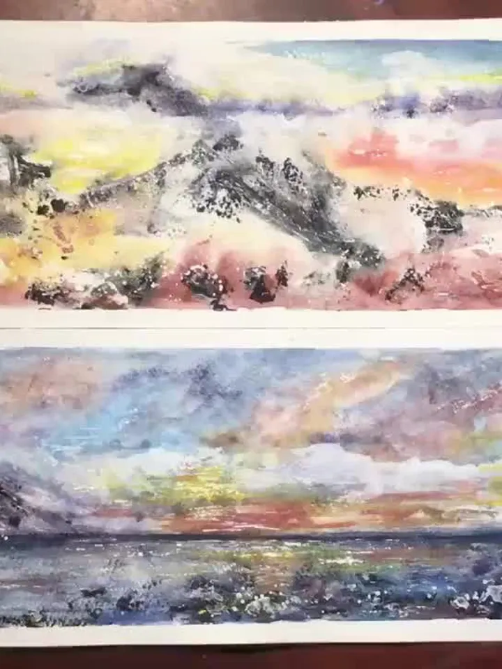 Set of 2 semi-abstract landscapes,original watercolor panoramic paintings,seascape,mountains wall art,modern home decoration,art gifts.