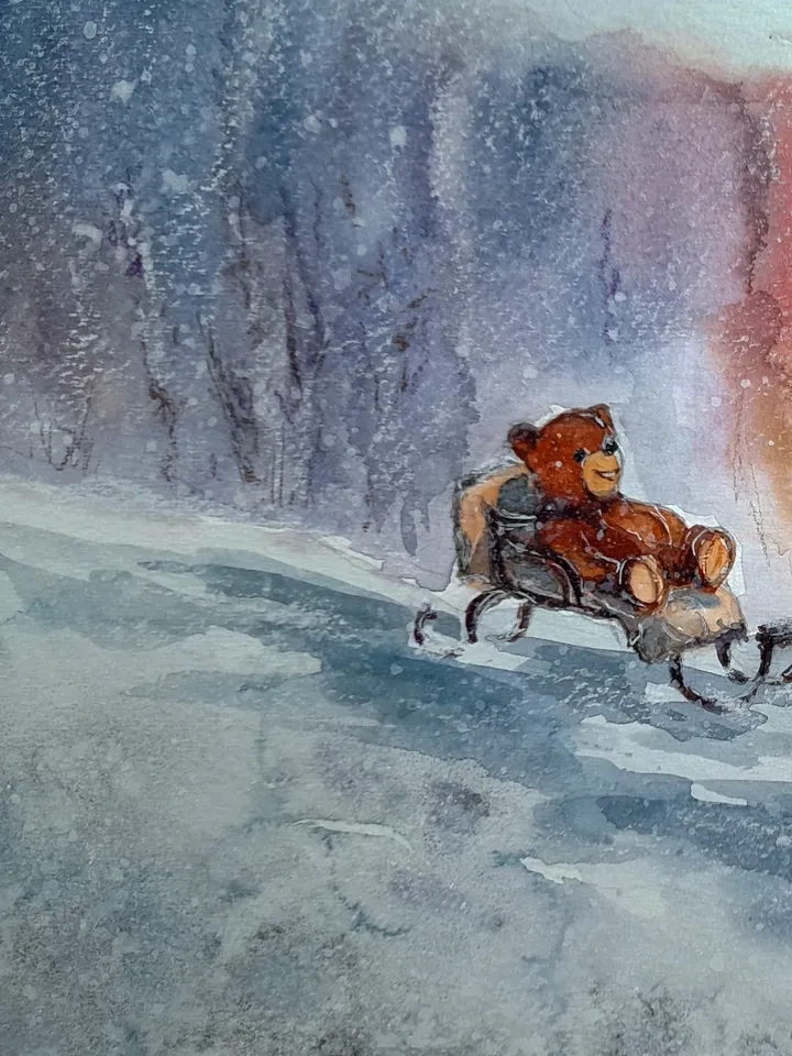 Watercolor painting. A fun walk with a teddy bear. The Winter Fun series 32x24cm (approx.12.6х9,5 inches with margins)
