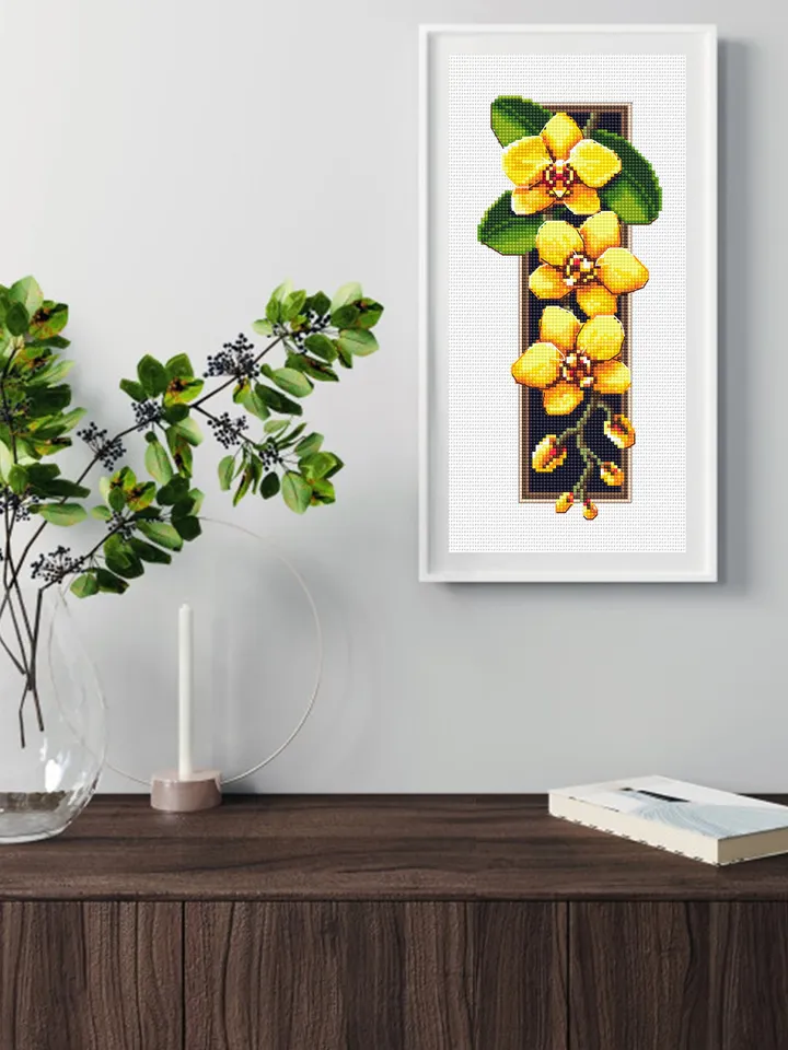 Flowers orchids cross stitch pattern download PDF Yellow orchid cross stitch sampler Floral xstitch chart digital DIY plant lovers gift #P31