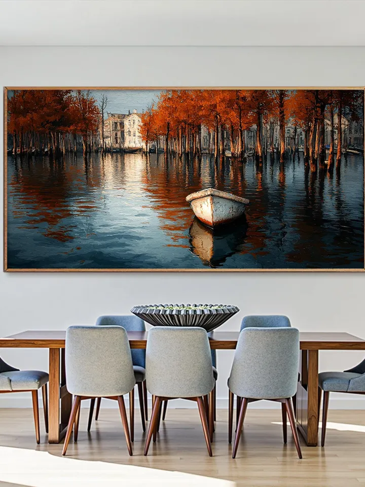 Canal Oil Painting, Autumn Scene Large Wall Art, Boat Painting, Fall Colors Artwork, Cityscape Art, Original Painting, Water Reflection Art