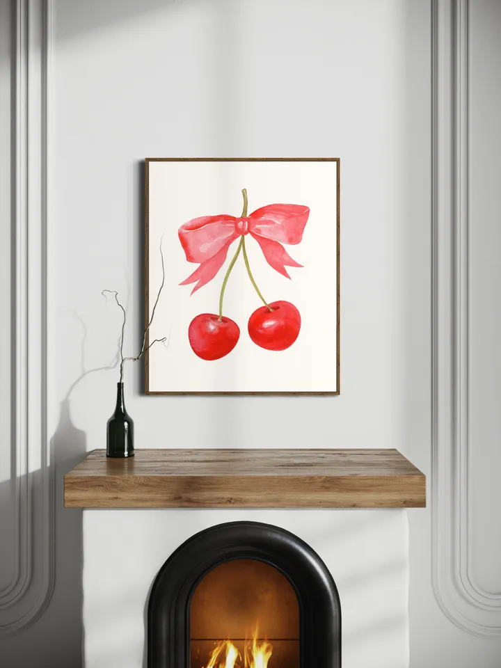 Cherry Bow Print Watercolor Painting, Vintage Cherry Art, Pink And Red Art, French Cherry Art, Girly Room Wall Art, Trendy Pink Art Print