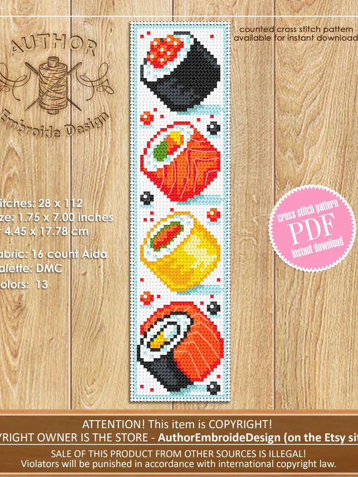 Japanese food bookmark cross stitch pattern PDF download Simple handmade bookmark digital PDF, Sushi cross stitch chart, Food pattern #B125