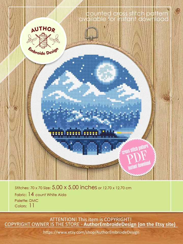 Winter mountain landscape cross stitch pattern PDF download Night train cross stitch Small pattern digital PDF Old train bridge viaduct #L93
