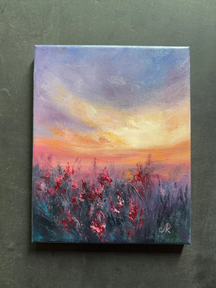 Sunset Oil Painting Rustic Wall Art Field Original Painting