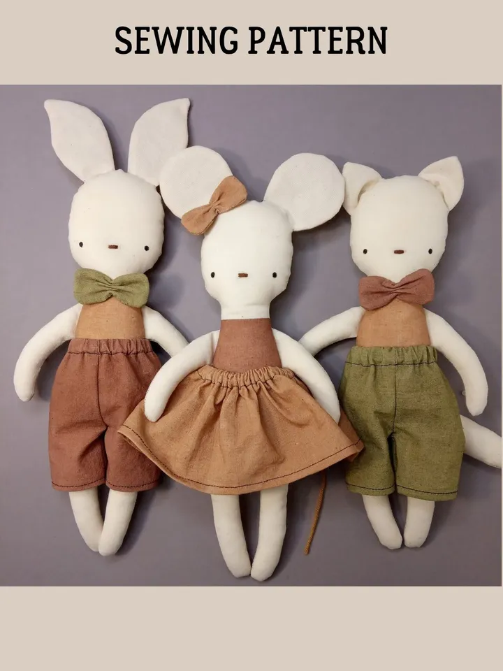 Animal Doll Patterns (Cat, Bunny, Mouse) - 2 sizes