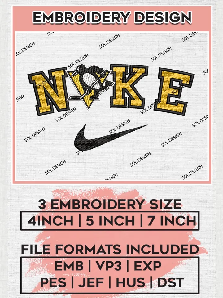 Nike Pittsburgh Penguins Machine Embroidery Files, NHL Pittsburgh Penguins Embroidery Designs, NHL Penguins Logo, NHL Machine Embroidery Designs, Digital Download