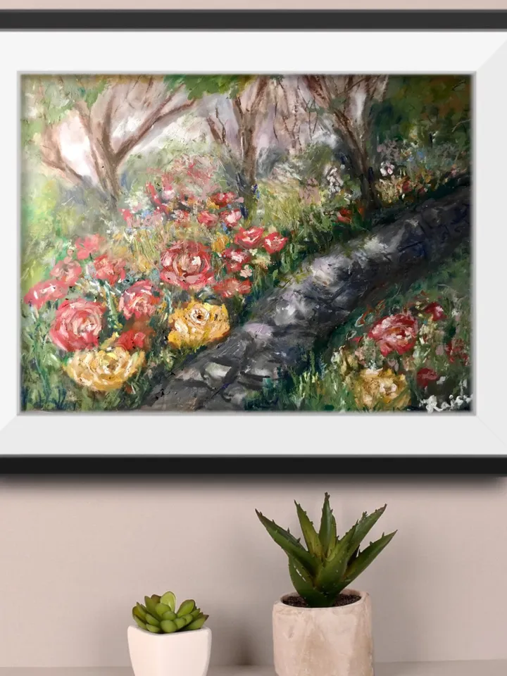 Flower garden original oil pastel painting,flowers painting,forest painting, colourful flowers,affordable gift wall hanging home decoration.