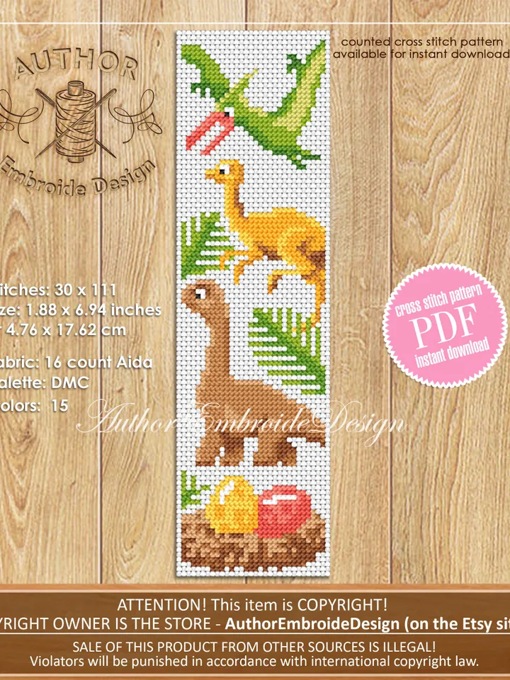 Dinosaur bookmark cross stitch pattern PDF download Baby dinosaur cross stitch chart, Bookmark pattern digital PDF, Dinosaur gifts #B276