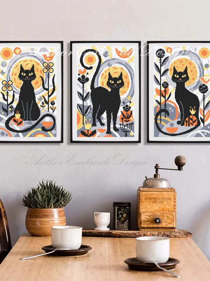 Set of 3 Boho cat cross stitch pattern PDF download Boho cross stitch chart, Abstract pattern digital PDF, Black cat, Boho wall decor #K24