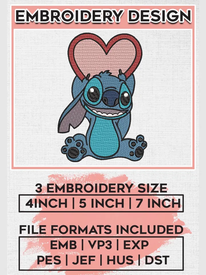 Stitch With heart Machine Embroidery Designs, Lilo & Stitch Embroidery, Disney Embroidery Files, Machine embroidery Files, Digital Download EMB_CARTOON_112