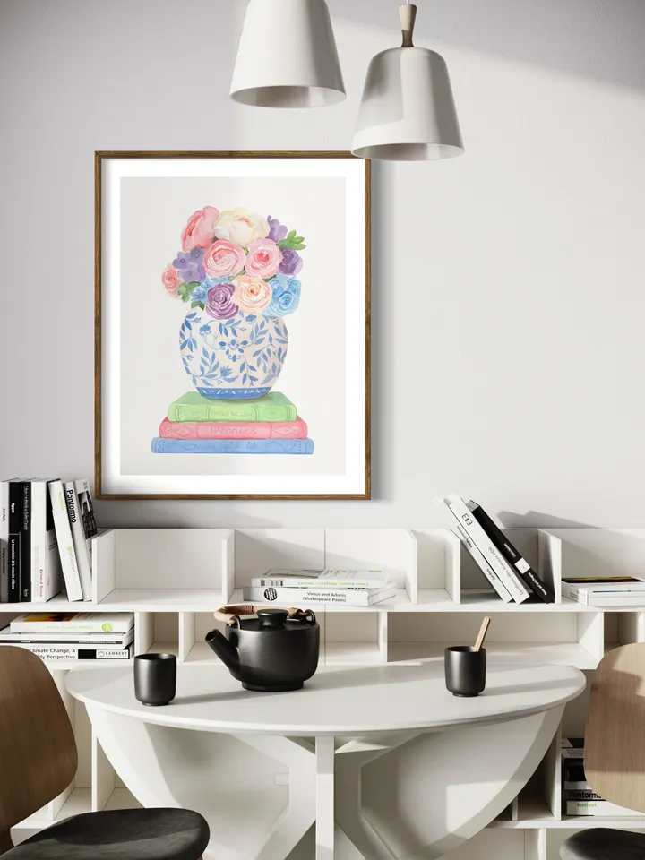 Chinoiserie Book Illustration , Watercolor Painting,Digital Download, Book Lover Gift, Book Stack Decor, Ginger Jar Art, Chinoiserie Art