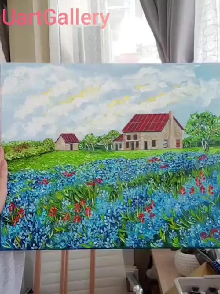 Bluebonnet Painting Texas Original Art Landscape Wall Art Farm Painting Canvas