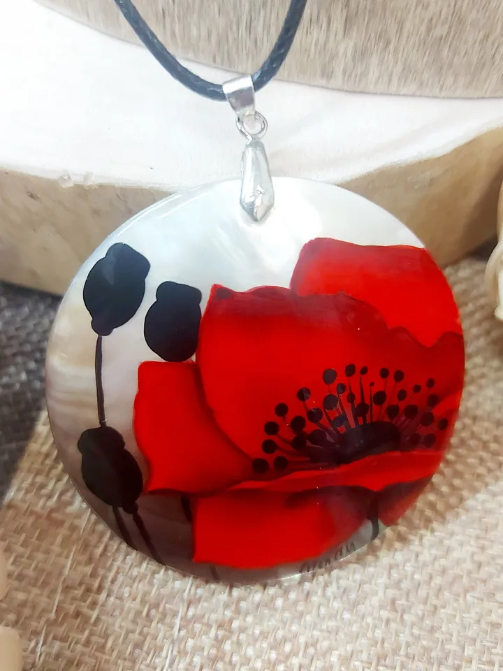 Pearl pendant necklace: Big Red Poppy hand painted on Abalone Shell Pendant • Aesthetic flower design on graceful necklace for her dress