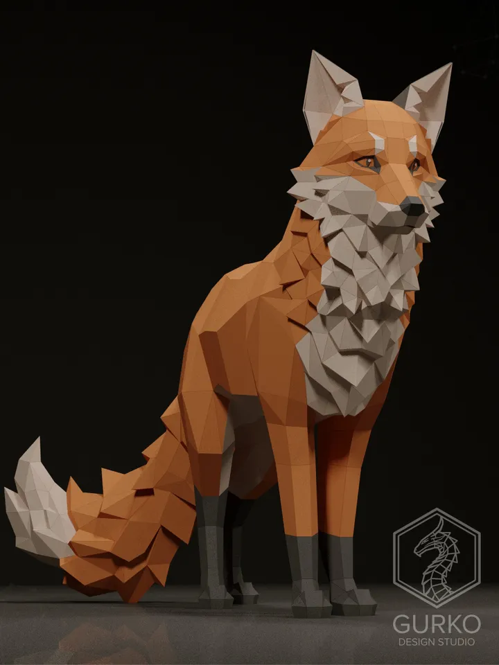 Standing Fox Papercraft, Digital Template, PDF Download, Gurko, 3D Low Poly, Pepakura, Origami Sculpture, Paper Party Decoration, DIY Gift