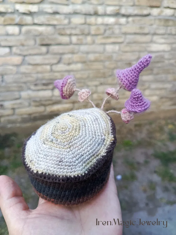 Crochet Forest Stump Pincushion with Mushrooms