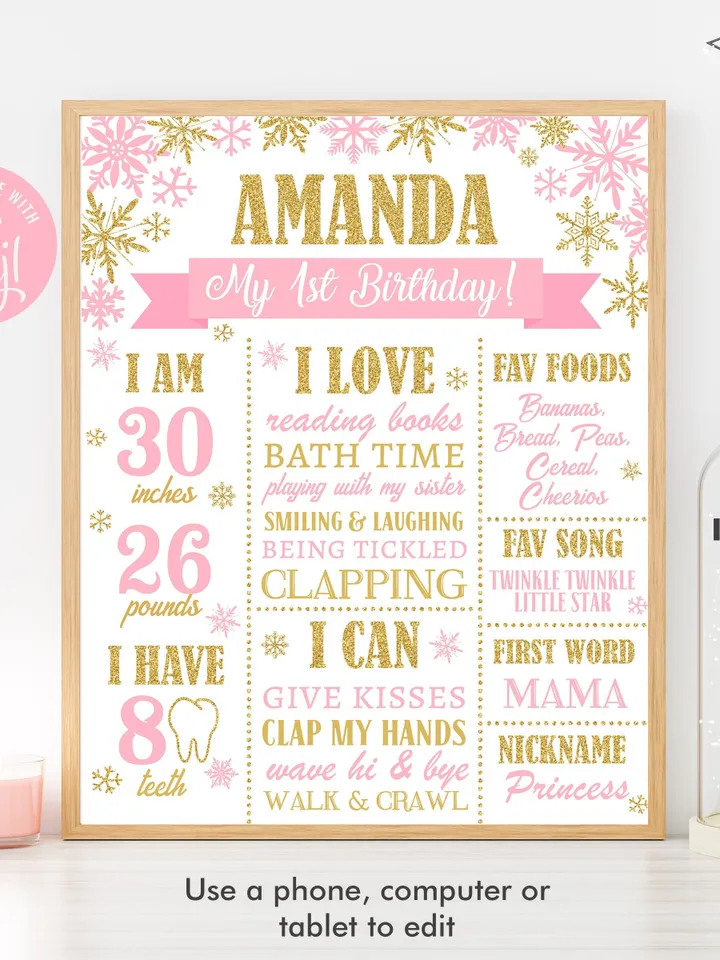 Winter Onederland 1st Birthday Sign, Winter Onederland Birthday Girl Decorations, Milestone Birthday Poster, Editable Template Digital File
