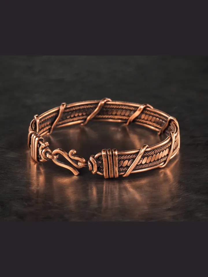 Wire wrapped bracelet, Unique 7th 22nd Anniversary gift idea, Art Nouveau antique style, One of kind braided statement bangle, Handmade oxidized pure copper jewelry, Pain relief, EMF protection