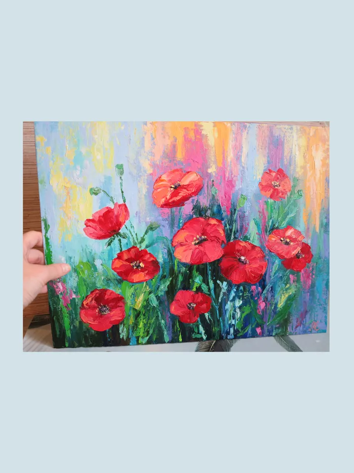 Original Oil Painting of Red Poppies Flowers on Canvas Modern Floral Art Decor