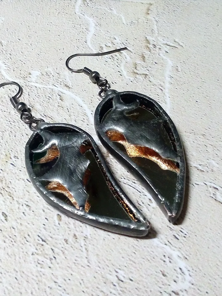 Glass black BAT mirror earrings, Goth black earrings, Halloween stained glass, Bat wings earrings, samhain