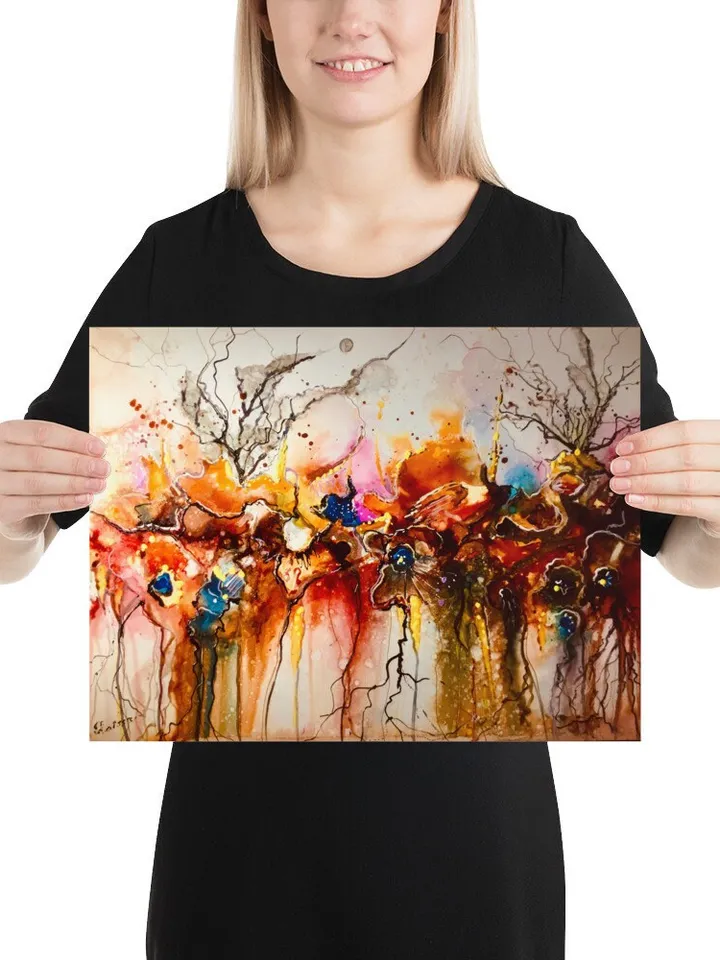 Photo paper poster from my original mix media artwork on yupo paper,colourful floral fantasy wall decoration,unique gift.