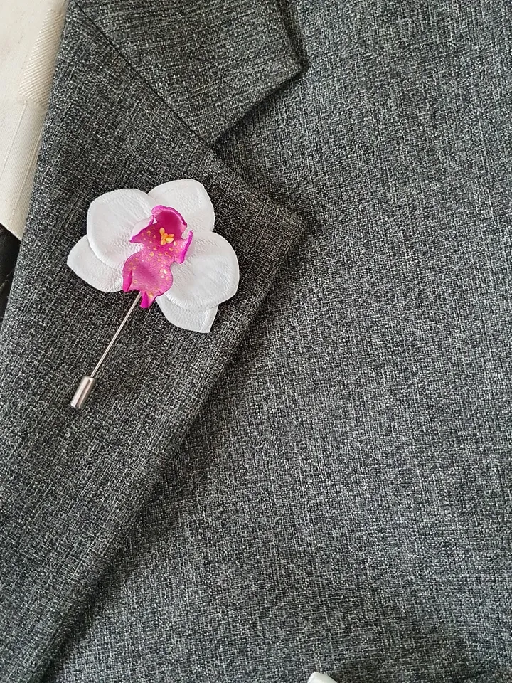 White orchid men's lapel pin Leather boutonniere for him 3rd anniversary gift, art.51