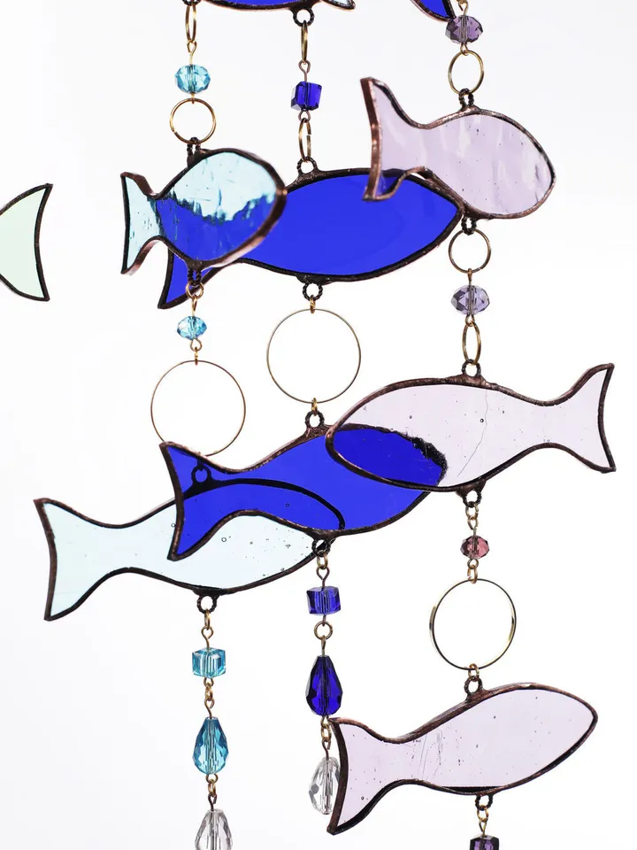Garlands. Fish. Leaves, Fish Garland, Leaf Garland, Stained Glass Fish and Leaves, Artistic Glass Garland, Decorative Glass Garland with Fish and Leaves, Whimsical Fish Garland